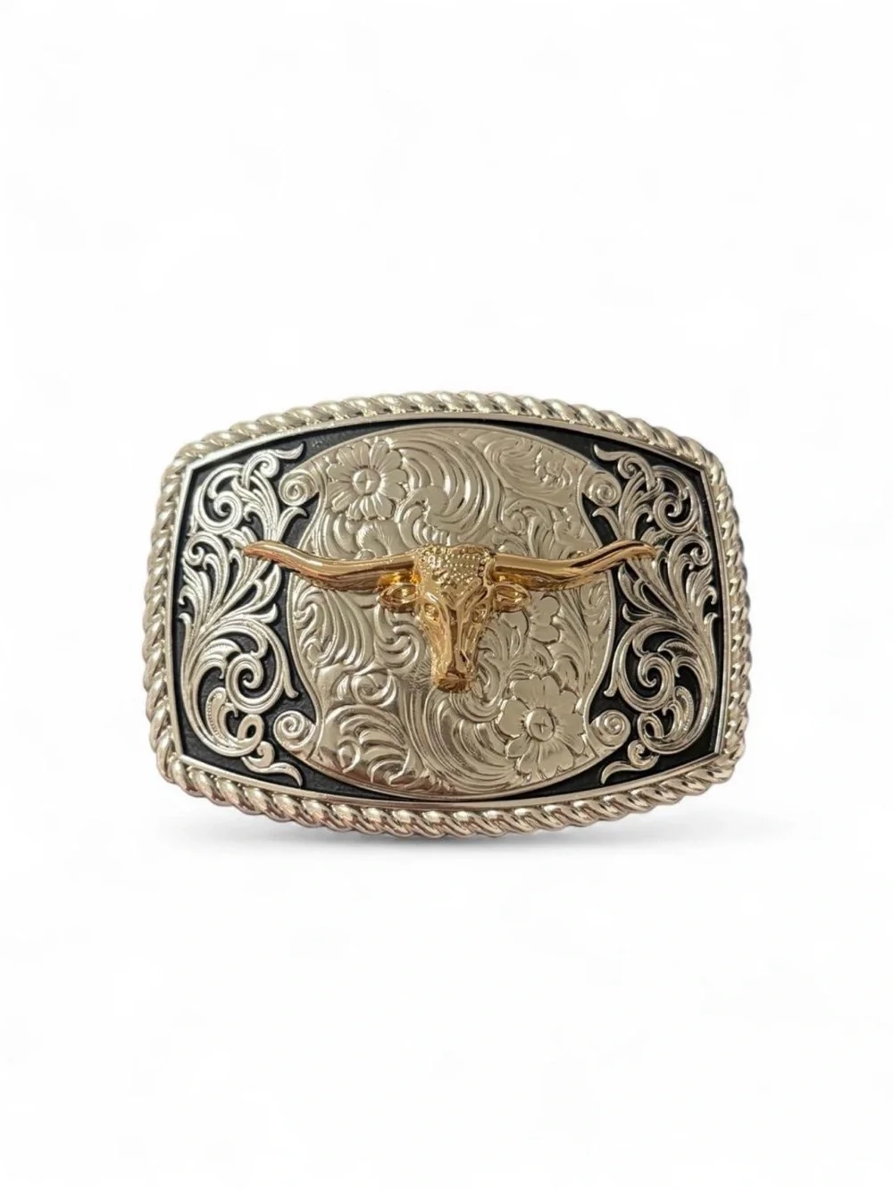 Silver Western Belt Buckle with Gold Longhorn Accent